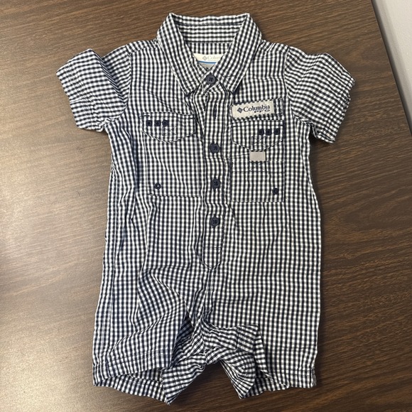 Columbia Other - Columbia PFG Boys 3-6m One Piece Romper Navy White Gingham Fishing Outfit